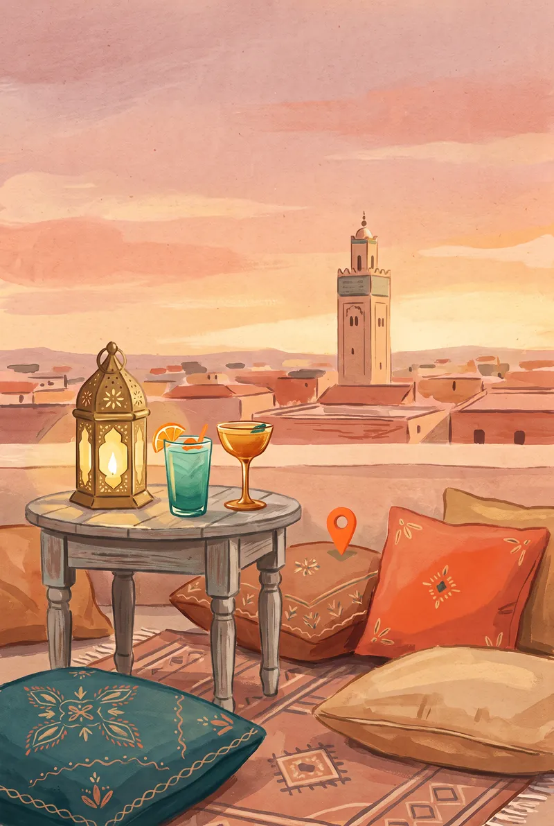 Illustration : terrasse sur les toits au coucher du soleil